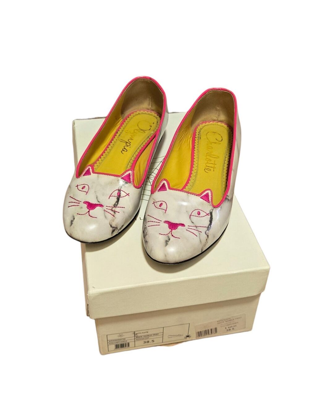 Charlotte Olympia Kitty White Gray Black Pink Marble Print Embroidered Flats